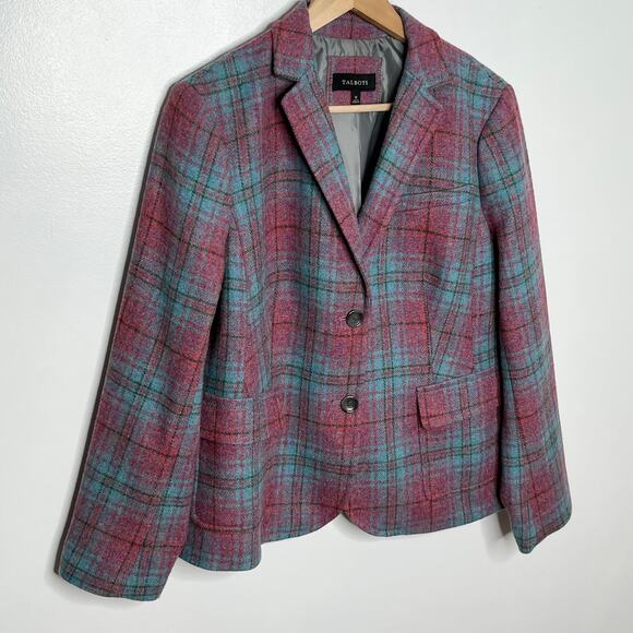 Talbots Womens Wool Blazer Jacket 12 Pink Blue Plaid Button Front Pockets Office - Picture 2 of 11